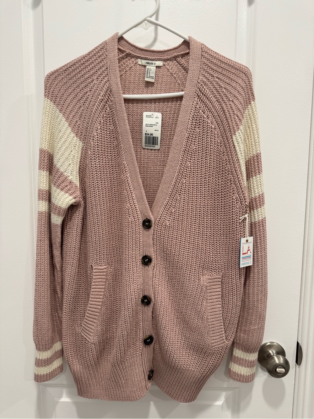 NWT Forever 21 Pink Cream Striped Varsity Boyfriend Cardigan Sweater Small